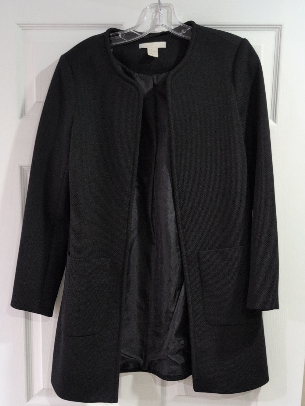 H&M Black Collarless Open-Front Textured Long Blazer Jacket
